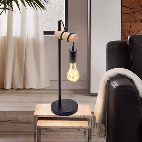 GOECO Lampe de Table Noire, Design Vintage pour Lecture, Lampe de Chevet en Bois et Métal avec Douille E27, Hauteur 49cm pour Bureau Chambre Salon (Ampoule Non Incluse) -