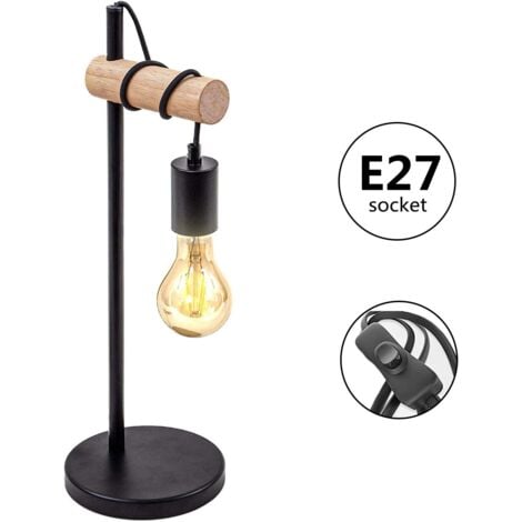 GOECO Lampe de Table Noire, Design Vintage pour Lecture, Lampe de Chevet en Bois et Métal avec Douille E27, Hauteur 49cm pour Bureau Chambre Salon (Ampoule Non Incluse) -