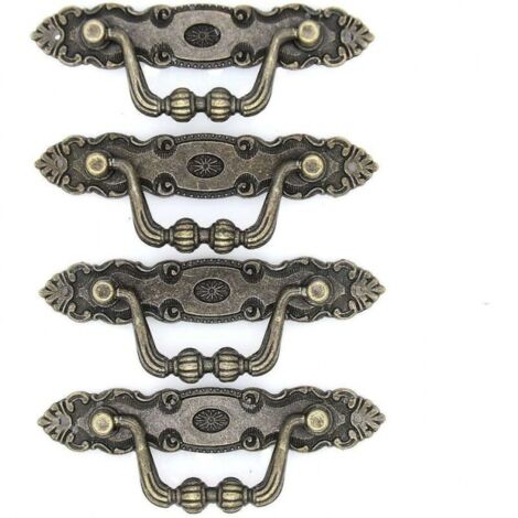 Juego de 4 tiradores vintage de latón envejecido: tiradores abatibles para cómoda y armarios, longitud 11 cm (4,3") y altura 3,8 cm (1,5")