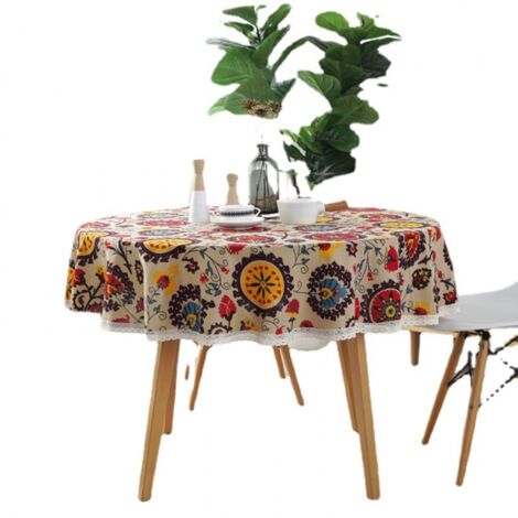 (Diámetro 120 cm, Flor del sol) Manteles de algodón Mantel de lino y algodón Mantel con forma de flor del sol Cubierta de mesa de encaje Versátil para interiores y exteriores