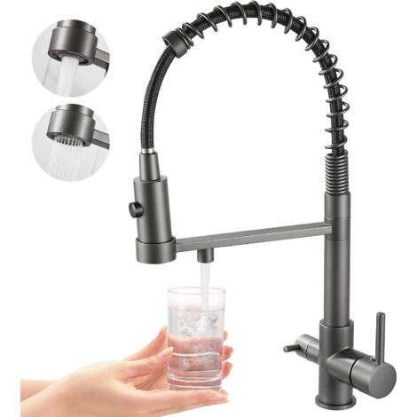 Grifo de cocina de tres vías, grifo de cocina extraíble, grifo de fregadero de latón, grifo mezclador con filtro de agua 3 en 1 (gris)