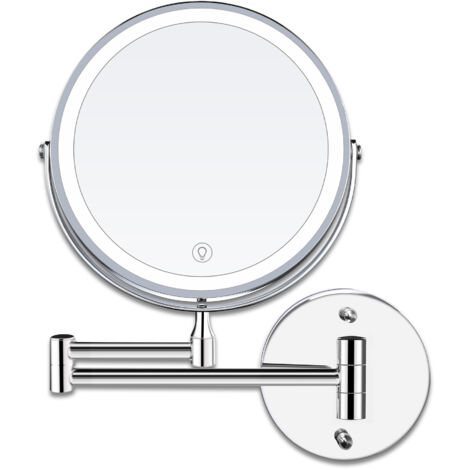Espejos de maquillaje LED de pared de 8 pulgadas, espejo de aumento iluminado, aumento de 1x/10x, carga USB, 3 colores ajustables, giratorio de 360°, extensible, para baños
