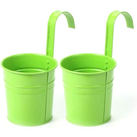 Macetas colgantes de metal con agujeros de drenaje para exteriores, perfectas para jardines, balcones, vallas, patios y decoración, 2 piezas (verde) (1/5)