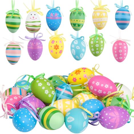 Luclay 24x Huevos De Pascua Decorativos Huevos De Plástico Para Colgar Con Patrones Para Fiesta De Pascua Decoración Colorida Decoración De Pascua Manualidades Actividades Para Familias