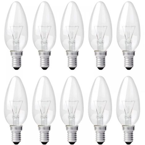 Bombilla incandescente tipo vela E14 de 40 W y 230 V, bombilla de llama E14, regulable, luz blanca cálida de 2700 K, 400 lm, bombilla transparente C35 para candelabro, lámpara de mesa, paquete de 10 (1/5)