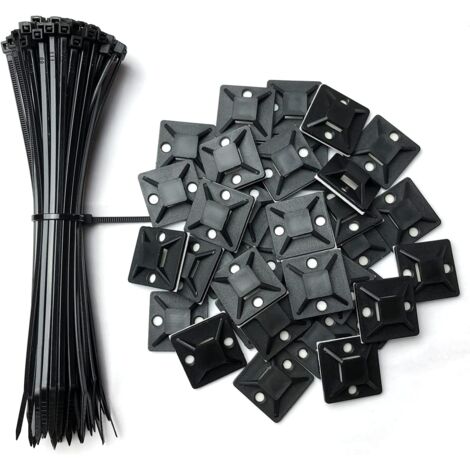 Paquete de 100 soportes adhesivos para bridas de 25 mm x 25 mm, de plástico autoadhesivo, color negro, 100 bridas de 150 mm gratis (1/4)