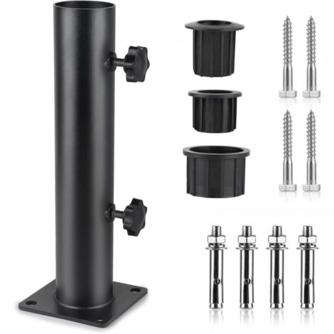Soporte para sombrilla, tubo para sombrilla, soporte metálico ajustable con 3 anillos reductores de PVC (32/38/48 mm), tubo para sombrilla con 8 clavos de acero, color negro (1/5)