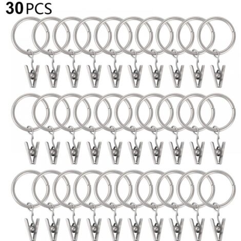Paquete de 30 anillas para cortina con clips, ganchos resistentes para barra de cortina, ojales metálicos de diámetro interior para cortinas decorativas y marcos de ventana, plateados, 30 mm