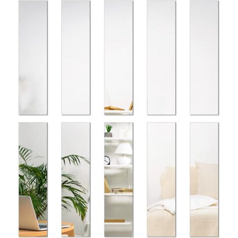 Azulejos de espejo, pegatinas de pared de rayas de 5 x 20 cm, láminas de espejo acrílicas extraíbles sin marco para decoración del hogar, sala de estar y dormitorio (10 unidades)