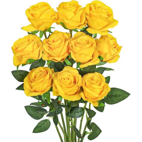 Lot de 10 roses artificielles en soie à longue tige pour bouquet de mariage, centre de table ou décoration d'intérieur (jaune) (1/5)