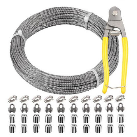 Câble en acier de 30 m, avec manchon et émerillon, kit de suspension extérieure, clôture de jardin