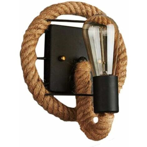 Lampada Da Parete A Mano Vintage – Applique In Corda Di Canapa E Legno, Portalampada E27, Per Soggiorno E Camera