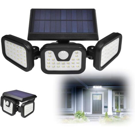 Luce di Sicurezza a LED 5000LM, Luce con Sensore di Movimento all'Aperto da, 5000K, Riflettore di Inondazione a 3 Teste Regolabili, 4 Funzione regolabile, per le scale, Cortile e Garage - Nero