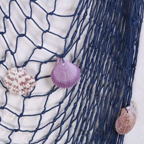 Rete Da Pesca Decorativa Nautica 2x1 Metri Con Conchiglie - Cornice Da Parete In Corda Di Cotone, Stile Spiaggia Mediterraneo Per Camera Da Letto E Casa (Blu) - 5
