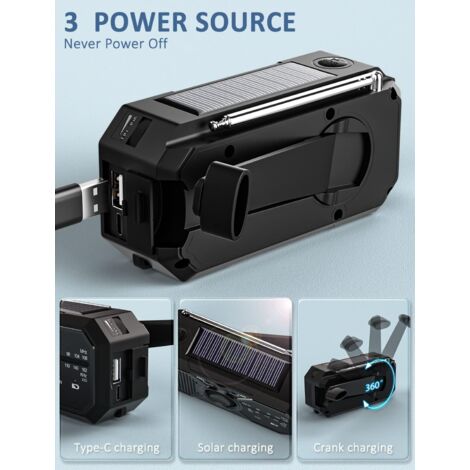 Radio De Emergencia Portátil Con Carga Solar Y Manivela - Linterna LED, SOS, AM/FM, Impermeable, Para Supervivencia