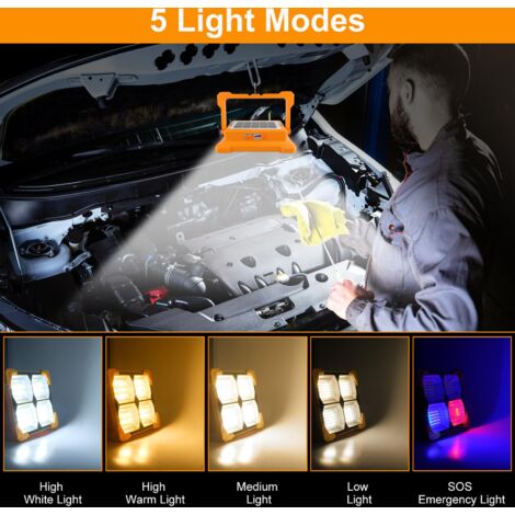 100W Rechargeable LED Floodlight 5 Modes Portable LED Site Floodlight Solar & Battery 328 LED Rechargeable LED Work Light for Garage, Repair, Camping, Construction Site, Emergency