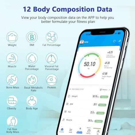 Body Fat Scale, Smart Body Fat Scale, Impedance Meter for iOS and Android, Body Fat Scale with 12 Body Data, Fat Mass and Muscle