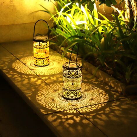 2 Outdoor Solar Lanterns, Set of 2 Metal Solar Garden Lights with Ground Stakes, Outdoor Solar Lights for Outdoor Garden Patio Balcony Camping