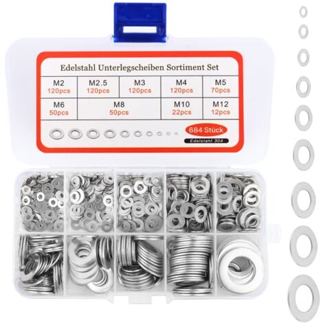 Metal Washers, 684 Pieces Door Hinge Washers Stainless Steel Flat Washers for Home Decoration and Outdoor Construction 9 Sizes M2 M2.5 M3 M4 M5 M6 M8 M10 M12