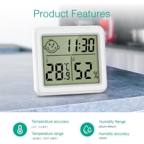 2PCS Indoor Thermometer Hygrometer, Mini Room Thermometer with Time, Date, ℃/℉ Switchable, Battery Powered Temperature and Humidity Monitor for Bedroom