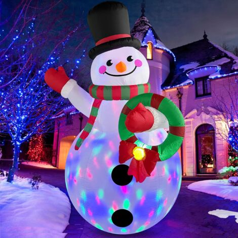 Inflatable Christmas Snowman with Colorful Rotating LED Lights, Outdoor Inflatable Christmas Decoration with Garland for Garden, Lawn, Christmas Holiday