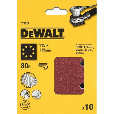 Dewalt – Feuilles abrasives 1/4 perforées DT3022 115 mm x 115 mm grain 80 – Paquet de 10 – Pour ponçage intermédiaire sur bois et peinture (1/5)