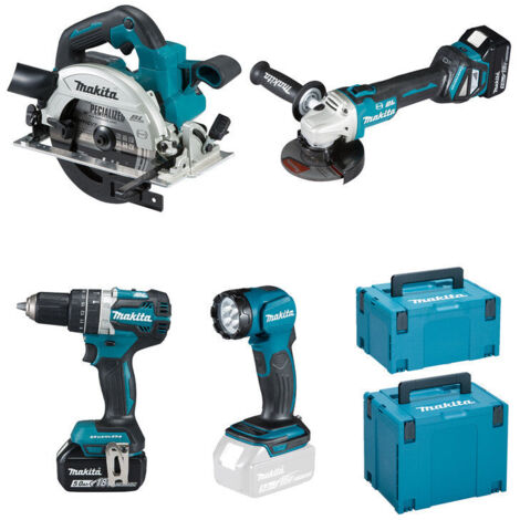 Makita – Pack de 4 outils électroportatifs 18V – DLX4154TJ – Perceuse à percussion, meuleuse, scie circulaire, lampe LED – Avec 2 batteries 5.0Ah et chargeur (1/5)