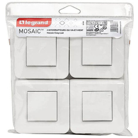 Legrand – Lot de 4 interrupteurs va-et-vient Mosaic 10A – Plaque finition blanche RAL9003 – Connexion rapide par bornes automatiques – Pour installations électriques (1/3)