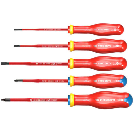 Facom – Jeu de tournevis VDE Pozidriv 5 pièces – Isolés 1000V – Protection ESD – Pour travaux électriques en toute sécurité
