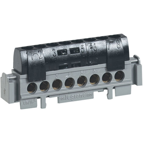 Legrand – Bornier de phase 8 bornes pour câbles 1,5mm² à 16mm² – Capot de sécurité isolant – Installation rapide sur rail ou support universel