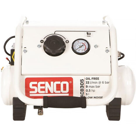 Senco – Compresseur silencieux 5L – Débit 83 l/min à 6 bar – Niveau sonore 60 dB – Puissance 350 W – SKU AC8305 (1/2)