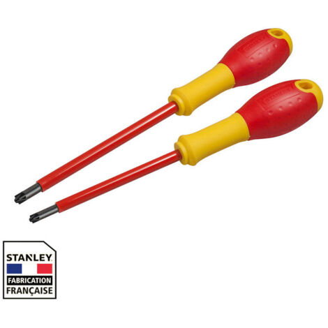 Stanley – Jeu de 2 tournevis isolés 1000V – Pozidriv PZ1 100mm et PZ2 125mm – Acier chrome vanadium – Prise en main ergonomique
