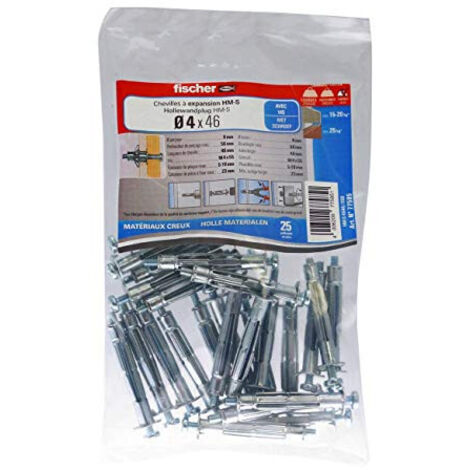 Fischer – Cheville pour support creux 4mm x 46mm – Lot de 25 – Charge max 25kg pour panneaux de particules – Installation rapide avec taraudage métrique