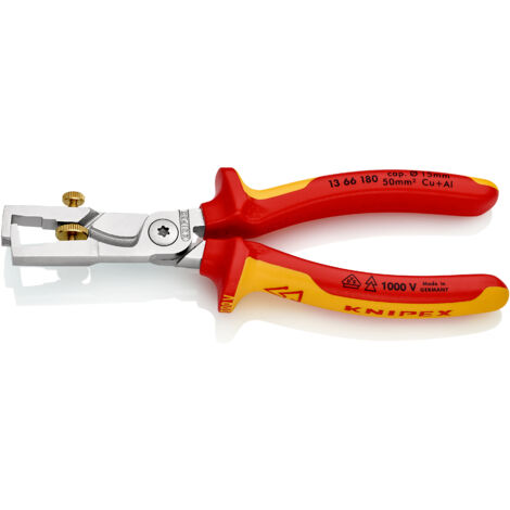 KNIPEX 13 66 180 StriX® Pince à dénuder et coupe-câbles isolées par gaines bi-matière, certifiées VDE chromée 180 mm