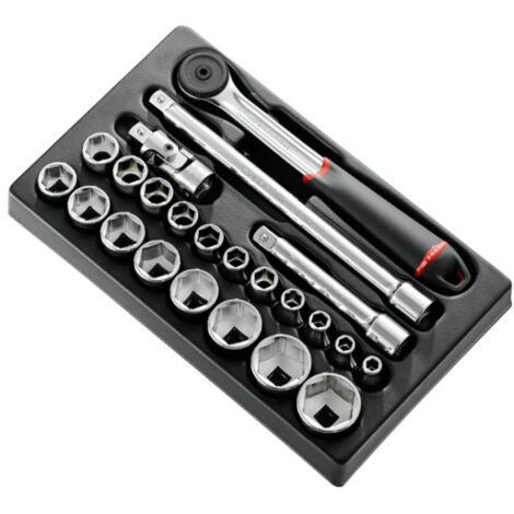 Facom – Coffret cliquet et douilles 1/2'' – 23 pièces – Douilles chromées brillantes OGV – Cliquet étanche et compact – Rallonges et cardan inclus (1/2)