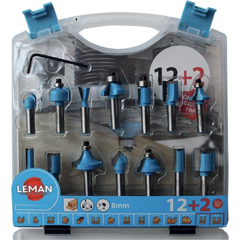 Leman – Coffret de 14 mèches à défoncer – Mèche à gorge R=6, mèche droite Ø12, mèche à rainure en v 14-90° – Pour bois dur et teck (1/3)