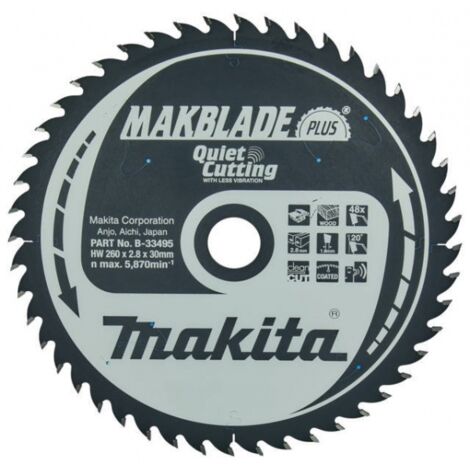 Makita – Lame de scie circulaire 260 mm – 48 dents carbure de tungstène – Pour bois dur – Coupe nette et silencieuse – Compatible scies sur table - B-33495 (1/6)