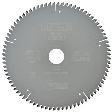Lame carbure scie circulaire - Epaisseur : 2.6 - Diametre : 216 - Dents : 80 - Coupe : Bois, Alu - fine - DEWALT
