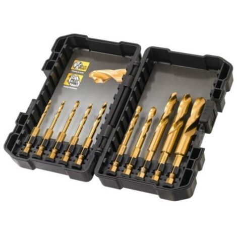 Dewalt – Coffret de forets pour perceuse – DT50050 – 10 forets HSS titane Ø3-12mm – Queue hexagonale 1/4' – Pour aciers alliés et non alliés - DT50050-QZ