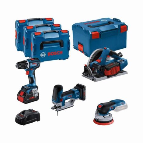Bosch – Pack de 4 outils électroportatifs 18V – Perceuse-visseuse GSR 18V-90C – Scie circulaire GKT 18V-52GC – Scie sauteuse GST 18V-155 SC – Ponceuse GEX 18V-125 – 3 batteries ProCORE