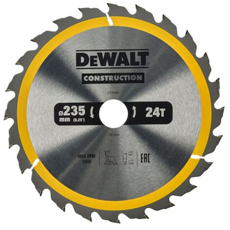 Dewalt – Lame de scie circulaire 235 mm – 24 dents pour bois et matériaux composites – Épaisseur 1,7 mm – Découpe rapide et précise