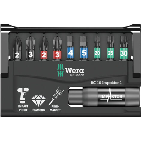 Wera – Jeu d'embouts pour visseuse 10 pièces – Longueur 25 mm – Empreintes PH, PZ, TORX® – Technologie Impaktor avec revêtement diamanté – 5073980001