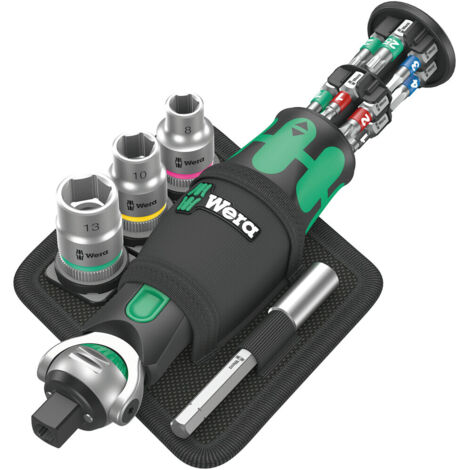 Wera – Coffret cliquet et douilles 18 pièces – Cliquet Zyklop compact avec magasin d'embouts 1/4" et 3/8" – Tête verrouillable à 0°, 15° et 90°
