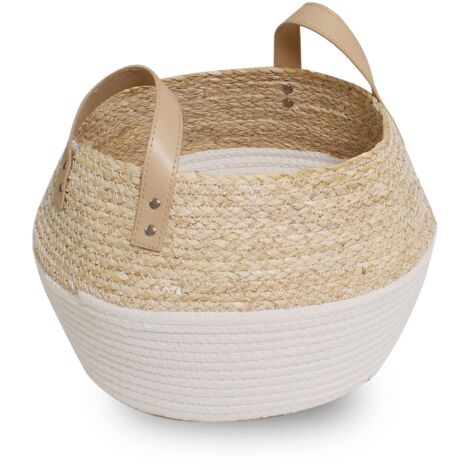Le Marquier – Panier à bûches en corde de coton et feuilles de maïs – Dimensions 34x34x26 cm – Capacité jusqu'à 35 cm – Coloris blanc et beige