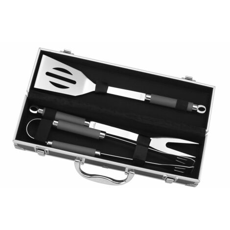 Le Marquier – Mallette 3 ustensiles inox pour barbecue – Spatule, pince et fourchette – Rangement suspendu – Couleur gris (1/6)