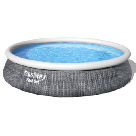 Bestway – Piscine autoportante Fast Set ronde 396x84cm – Motif rotin gris – Volume 7340L – Pompe filtration 2006L/h incluse