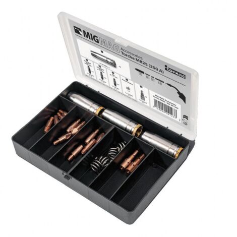 GYS – Coffret consommables torche MIG/MAG 250A – 5 tubes contact Ø0,8/1 M6 acier/inox/alu – 3 buses – 41233