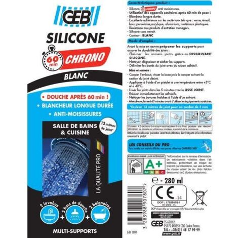 Mastic silicone acétique 60 mn chrono - GEB - 890780 - Blanc - Cartouche 280 ml (1/2)