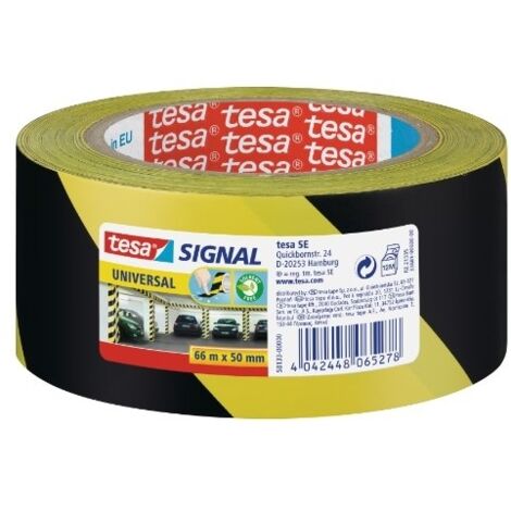 Tesa – Ruban de signalisation jaune et noir 66 m x 50 mm – Résistant aux UV – Déroulement silencieux – Pour marquage permanent d'obstacles - Y56957