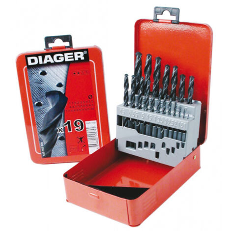 Coffret 19  forets métaux - DIAGER  - HSS standard angle 118°  Diam.1 à 10 mm par 0,5 mm (1/3)